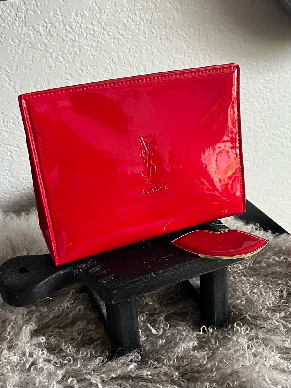 Yves Saint Laurent Red Patent Leather Cosmetic Pouch with Lip Mirror